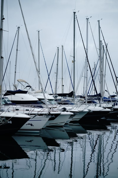 During the day there are white and blue boat on the wharf
